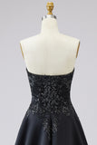 Vestido de Baile Longo Preto Sem Alças Linha-A Apliques e Fenda