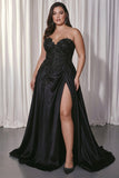 Vestido de baile preto, cetim em linha A, longo, tamanhos grandes, com fenda