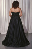 Vestido de baile preto, cetim em linha A, longo, tamanhos grandes, com fenda