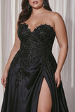 Vestido de baile preto, cetim em linha A, longo, tamanhos grandes, com fenda