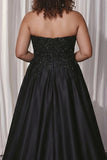 Vestido de baile preto, cetim em linha A, longo, tamanhos grandes, com fenda