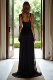 Preto brilhante Uma linha espaguete alças longo vestido de baile com lantejoulas