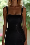 Preto brilhante Uma linha espaguete alças longo vestido de baile com lantejoulas
