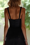 Preto brilhante Uma linha espaguete alças longo vestido de baile com lantejoulas