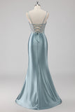 Azul Cinzento Alças Finas Espartilho Longo Vestido De Baile com Fenda