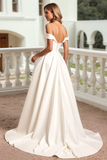 Marfim Ombro Frio De Baile/Princesa Cetim Longos Vestidos de Noiva