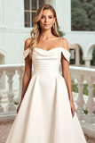 Marfim Ombro Frio De Baile/Princesa Cetim Longos Vestidos de Noiva