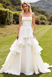 Marfim Babado De Baile/Princesa Alças Finas Longos Vestidos de Noiva