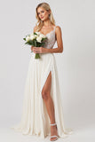 Marfim Linha-A Chiffon Renda Longos Vestido de Noiva Com Fenda