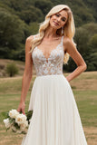 Marfim Linha-A Chiffon Renda Longos Vestido de Noiva Com Fenda