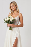 Marfim Linha-A Chiffon Renda Longos Vestido de Noiva Com Fenda