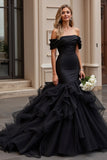 Preto Babados Sereia Tule Fora do Ombro Vestido de Noiva