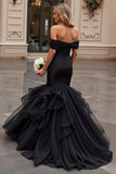 Preto Babados Sereia Tule Fora do Ombro Vestido de Noiva