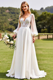 Vestidos de Noiva Marfim Mangas Compridas Renda Longo Linha-A