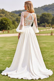 Vestidos de Noiva Marfim Mangas Compridas Renda Longo Linha-A