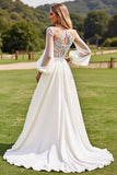 Vestidos de Noiva Marfim Mangas Compridas Renda Longo Linha-A