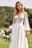 Vestidos de Noiva Marfim Mangas Compridas Renda Longo Linha-A