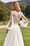 Vestidos de Noiva Marfim Mangas Compridas Renda Longo Linha-A