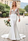 Vestido de Noiva Marfim Renda Decote em V Sereia Cetim Longo