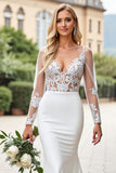 Vestido de Noiva Marfim Renda Decote em V Sereia Cetim Longo