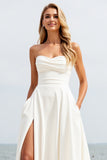 Vestidos de Noiva com Fenda Marfim Sem Alça Linha-A Chiffon Longo