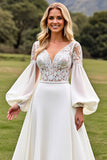 Vestidos de Noiva Marfim Longo Linha-A Mangas Compridas Apliques