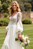 Vestidos de Noiva Marfim Longo Linha-A Mangas Compridas Apliques