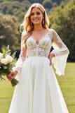 Marfim Renda Decote em V De Baile/Princesa Vestido de Noiva