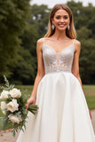 Marfim Cetim Renda Decote em V Sweep/Brush Trem Vestidos de Noiva