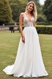 Marfim Decote em V Renda Chiffon Sweep/Brush Trem Vestido de Noiva