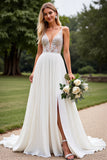 Marfim Decote em V Renda Chiffon Sweep/Brush Trem Vestido de Noiva