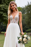 Marfim Decote em V Renda Chiffon Sweep/Brush Trem Vestido de Noiva