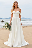 Marfim Chiffon Linha-A Fora do Ombro Longos Vestidos de Noiva