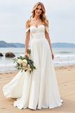Marfim Chiffon Linha-A Fora do Ombro Longos Vestidos de Noiva
