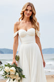 Marfim Chiffon Linha-A Fora do Ombro Longos Vestidos de Noiva
