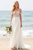 Vestido de Noiva Longo Chiffon Renda Ombro Frio Linha-A