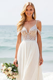 Vestido de Noiva Longo Chiffon Renda Ombro Frio Linha-A