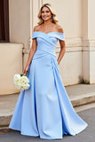 Vestidos de Noiva Cetim Azul Claro Longo Fora do Ombro Linha-A