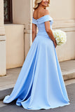 Vestidos de Noiva Cetim Azul Claro Longo Fora do Ombro Linha-A