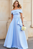 Vestidos de Noiva Cetim Azul Claro Longo Linha-A Fora do Ombro