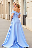 Vestidos de Noiva Cetim Azul Claro Longo Linha-A Fora do Ombro