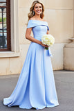 Vestidos de Noiva Cetim Azul Claro Longo Linha-A Fora do Ombro