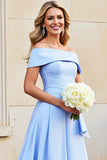 Vestidos de Noiva Cetim Azul Claro Longo Linha-A Fora do Ombro