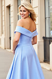Vestidos de Noiva Cetim Azul Claro Longo Linha-A Fora do Ombro