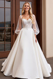 Vestido de Noiva Marfim Cetim Tule 3/4 mangas Longo Renda Linha-A