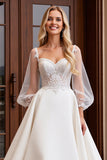 Vestido de Noiva Marfim Cetim Tule 3/4 mangas Longo Renda Linha-A