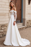 Vestido de Noiva Renda Marfim Longo Fora do Ombro Linha-A Cetim