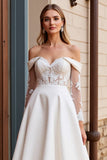 Vestido de Noiva Renda Marfim Longo Fora do Ombro Linha-A Cetim