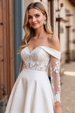 Vestido de Noiva Renda Marfim Longo Fora do Ombro Linha-A Cetim