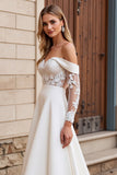 Vestido de Noiva Renda Marfim Longo Fora do Ombro Linha-A Cetim
